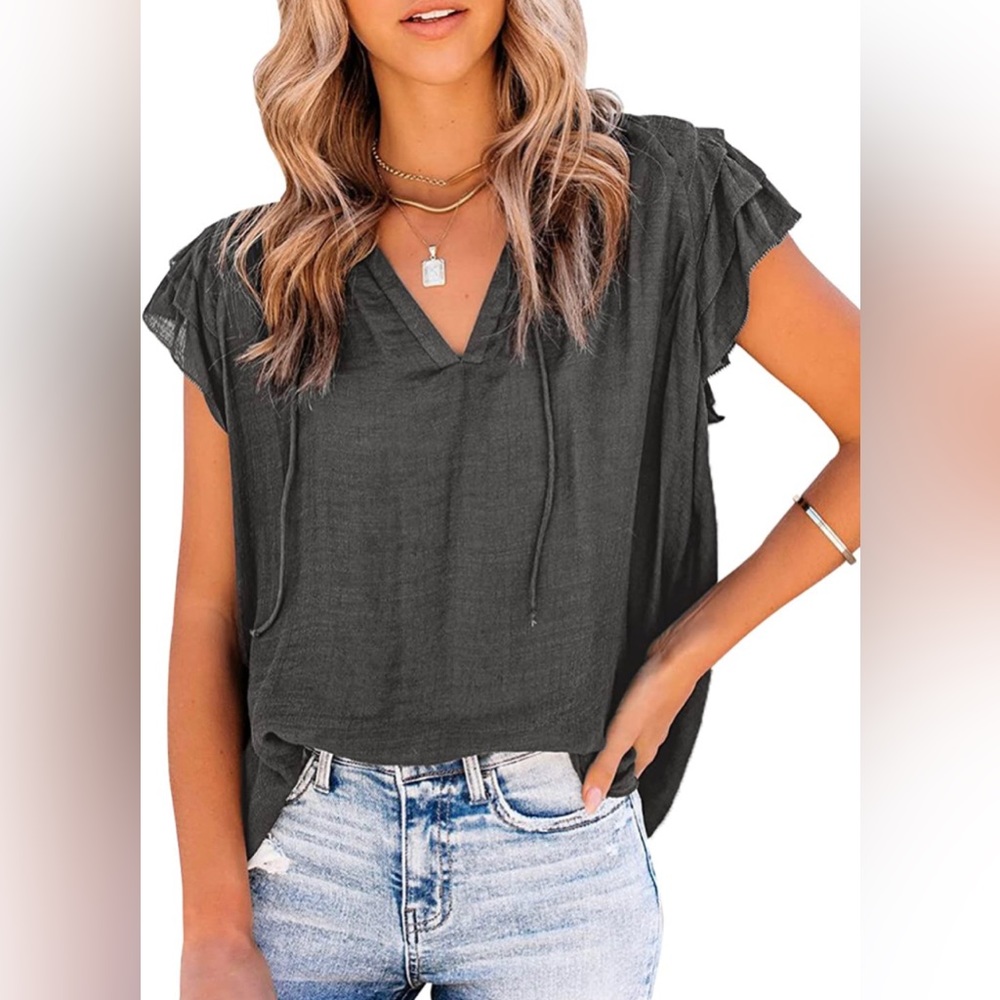 Women's Casual Boho V Neck Tops Drawstring Short Sleeve Gray T Shirt Blouses